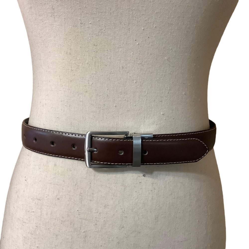 Steve Madden Mens Reversible Leather Belt Brown Black Silver Buckle Size 26-28